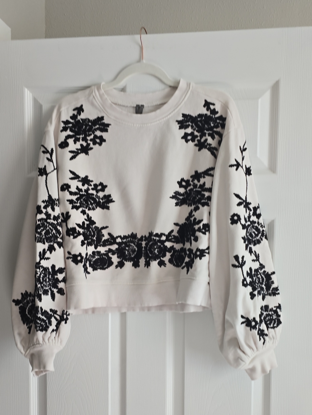 Anthropologie Cream Crewneck Sweatshirt with Black Floral Embroidery